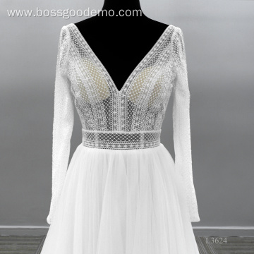 Sexy Bridal Gowns Backless Long Sleeve V Neck Chapel Train Hot Sale Lace Illusion Wedding Dress